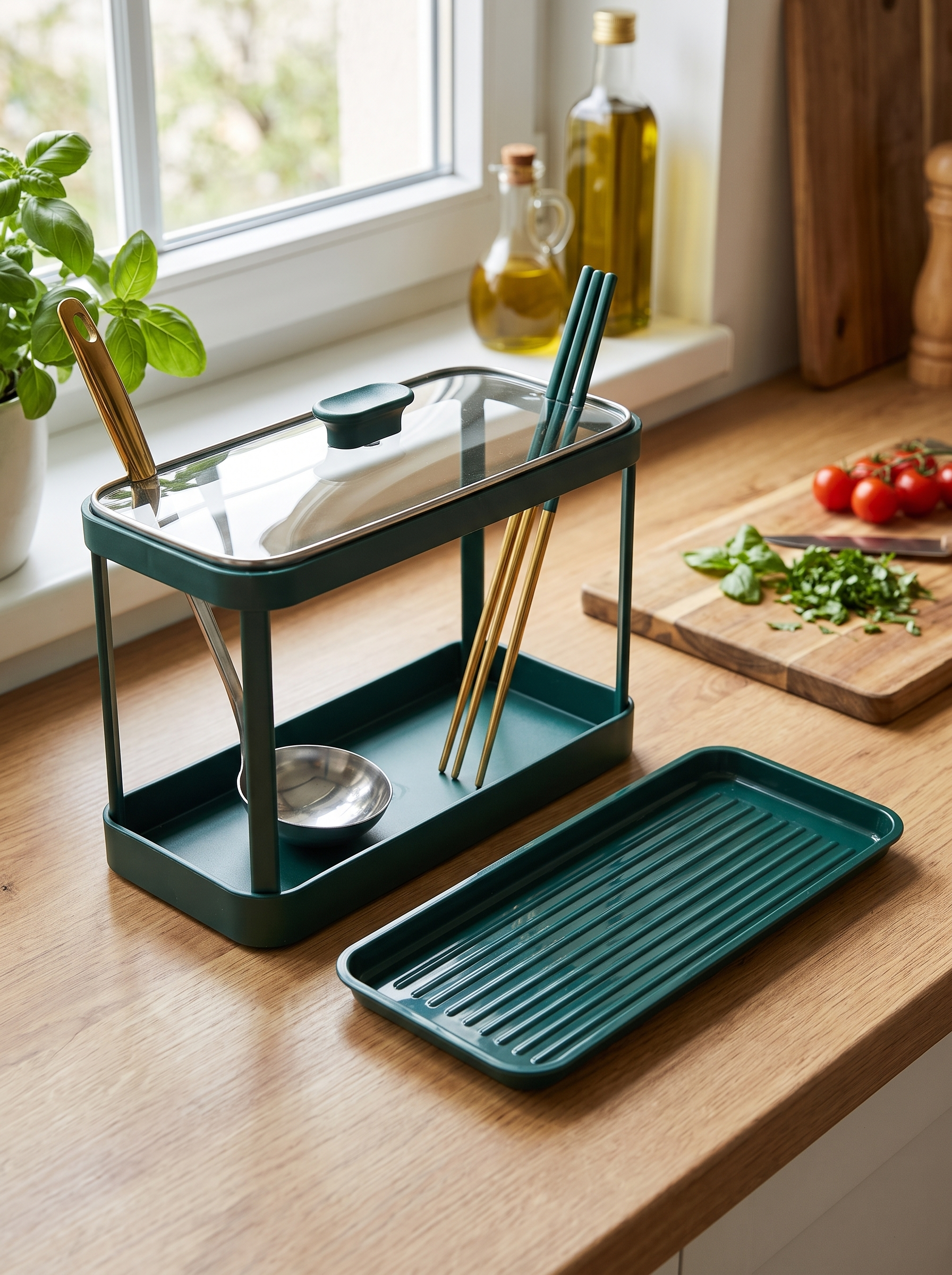 Removable drip tray lifted out of the steel lid rest