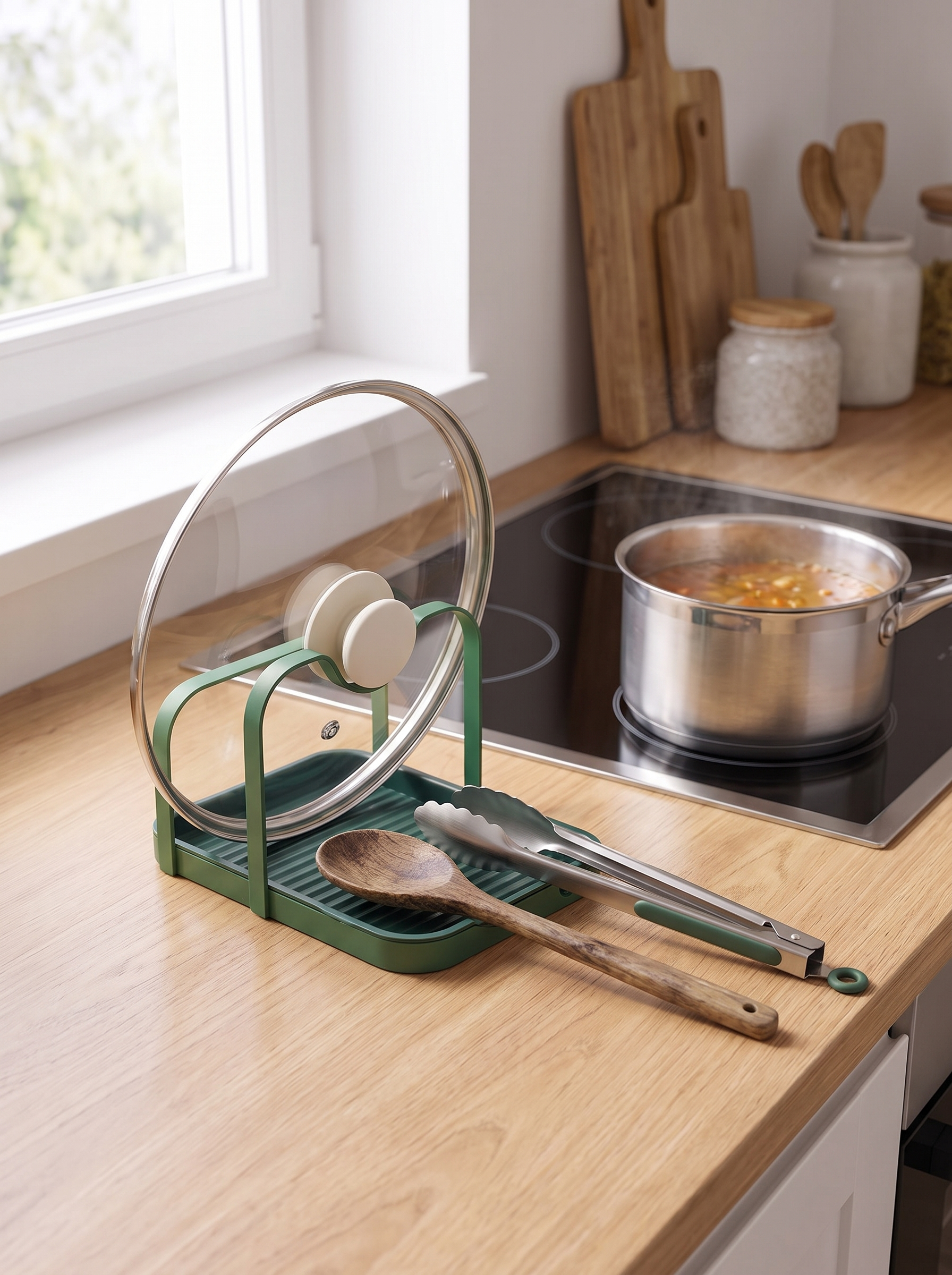 Lid rest holding a wooden spoon and tongs