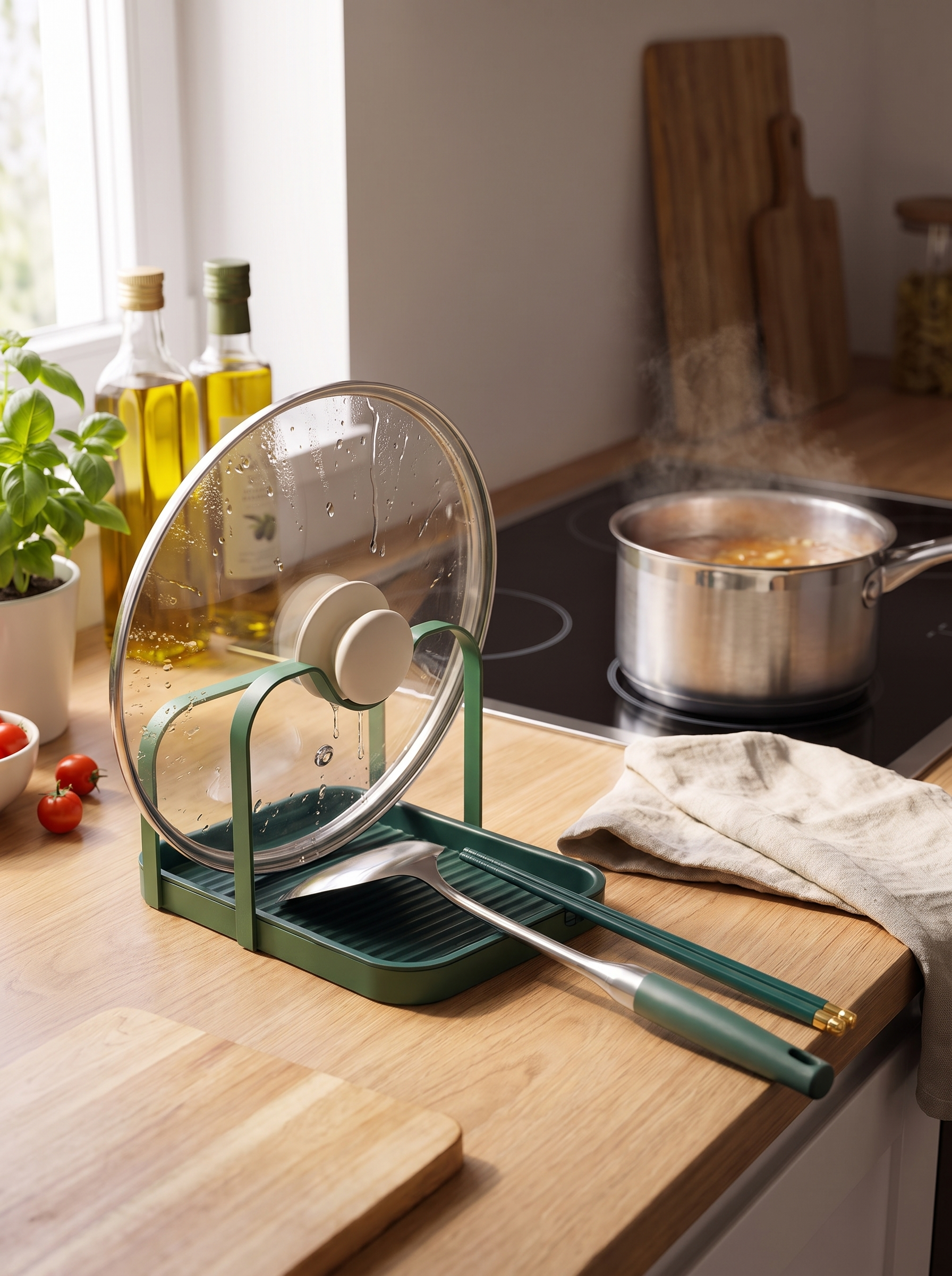 Steel lid rest holding a hot pot lid beside a hob