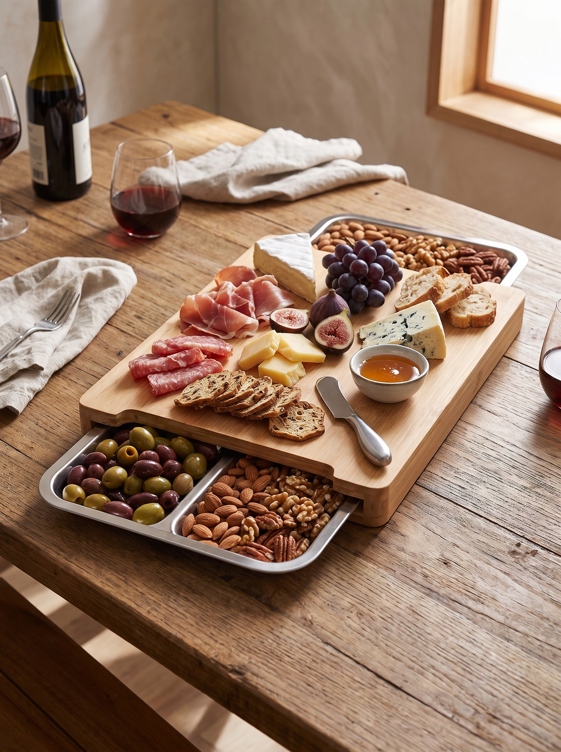 Bamboo board loaded as a charcuterie spread