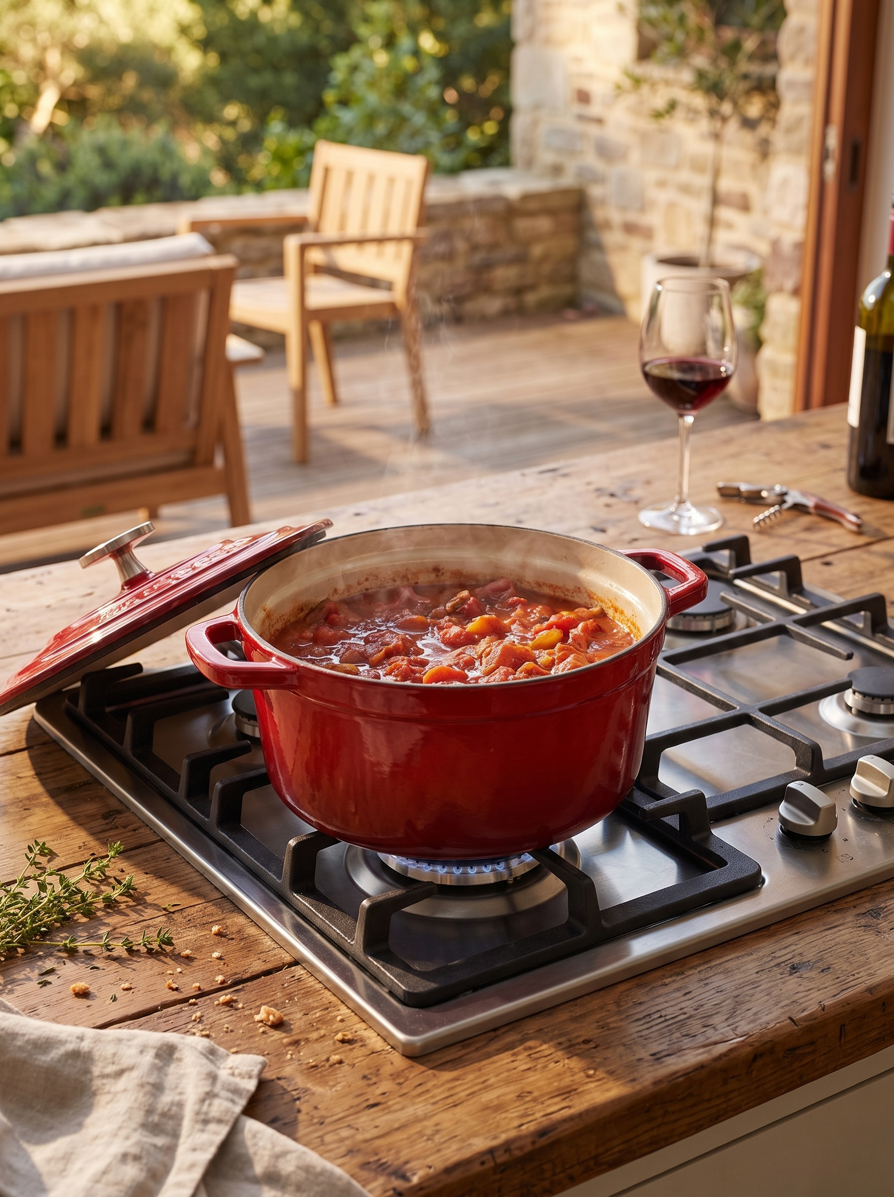 Enamelled casserole with a tomato braise bubbling on a hob