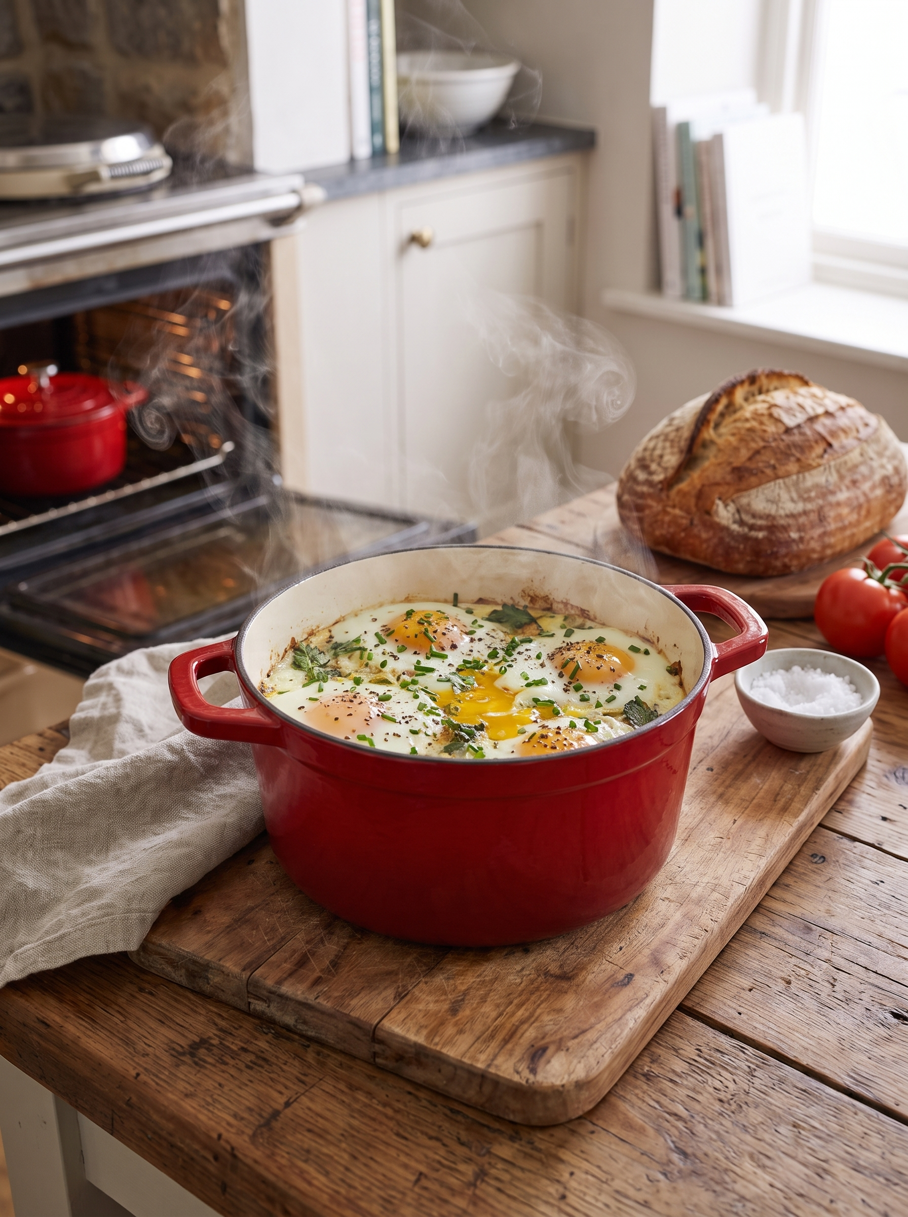 Casserole of baked eggs fresh from the oven