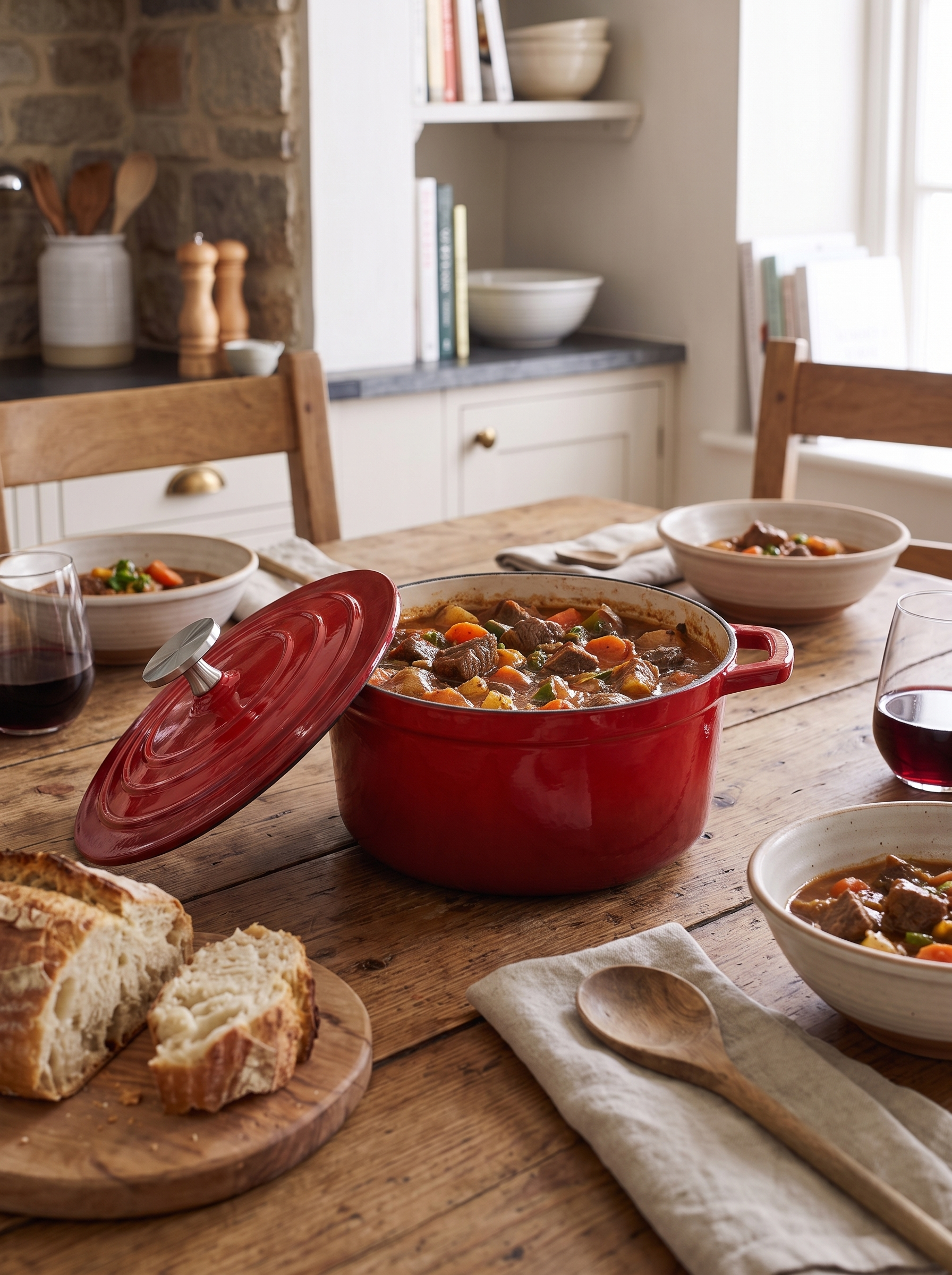 Mini enamelled casserole on a table with a stew inside