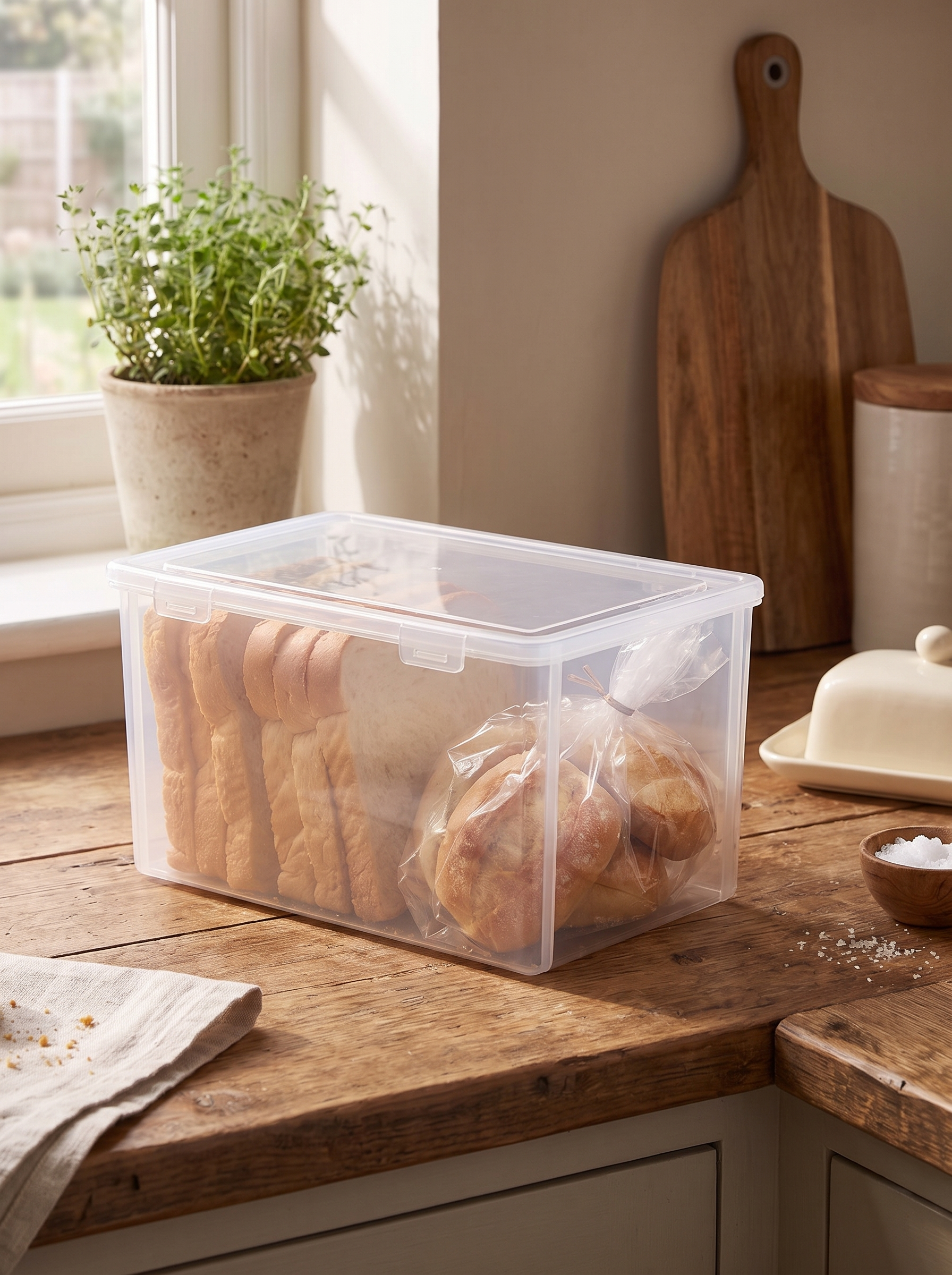 Bread container holding a loaf and a bag of rolls