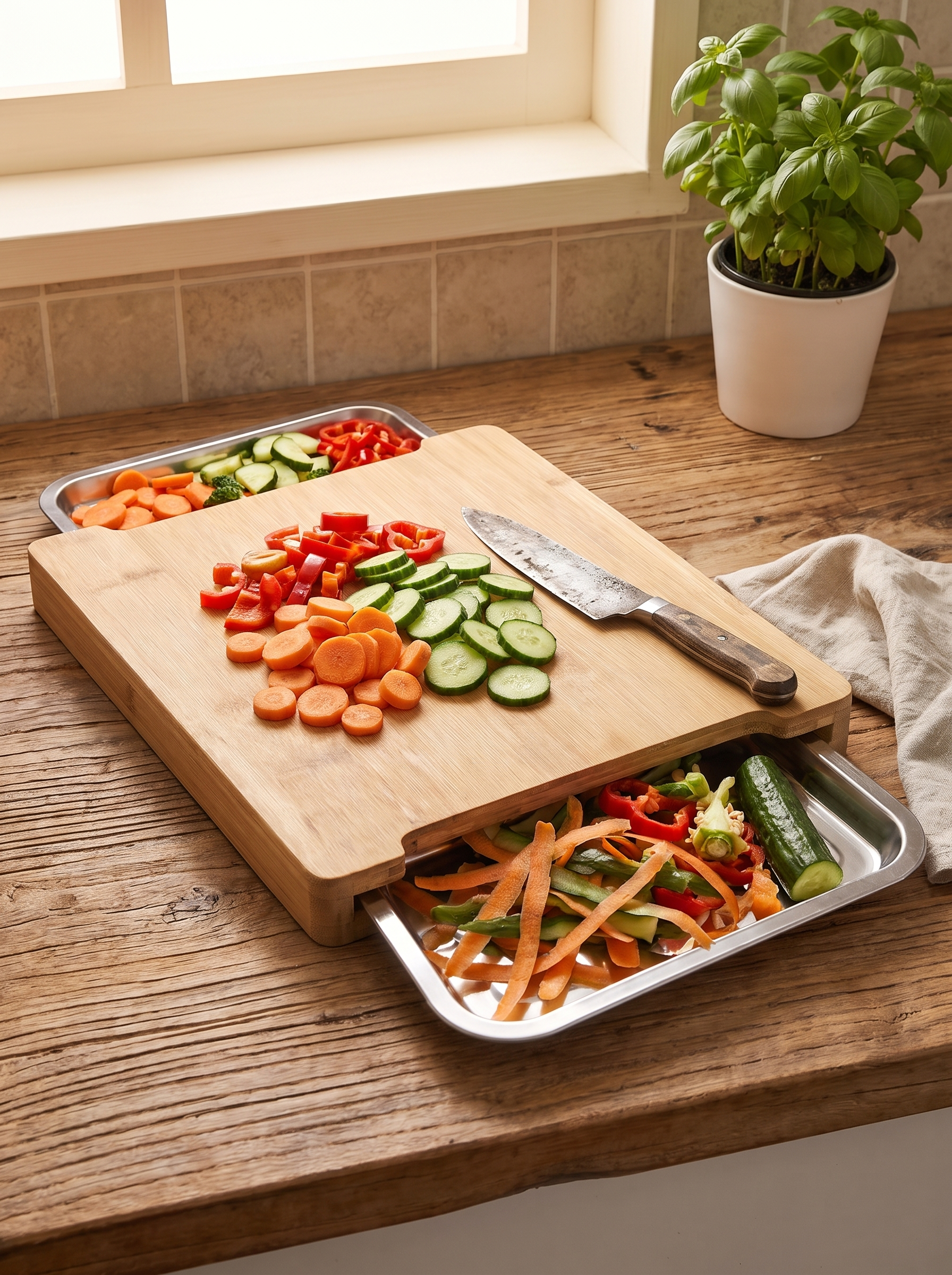 Bamboo board with prepped vegetables and peelings in its steel trays