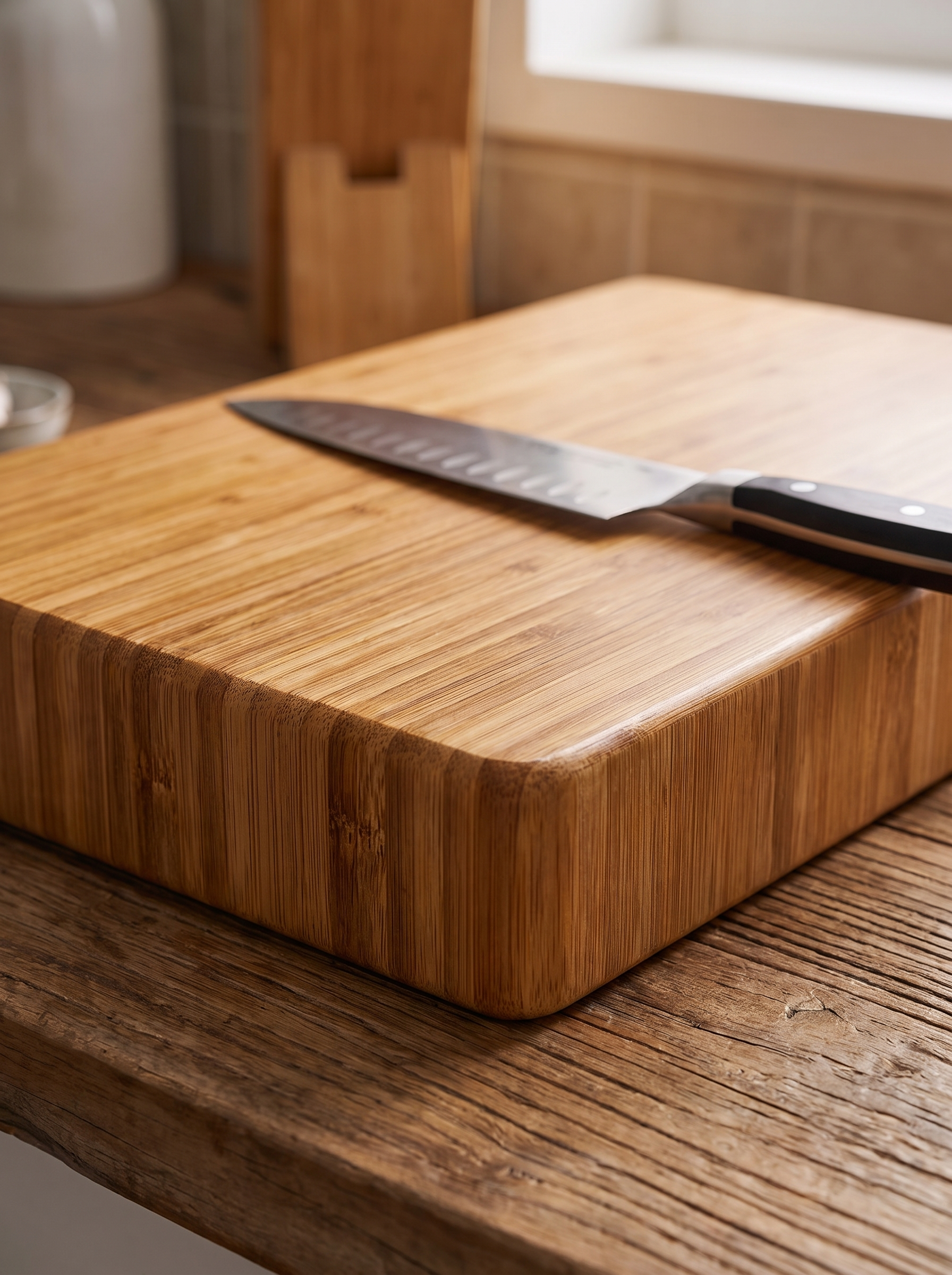 Close view of the rustic bamboo grain with a chef knife