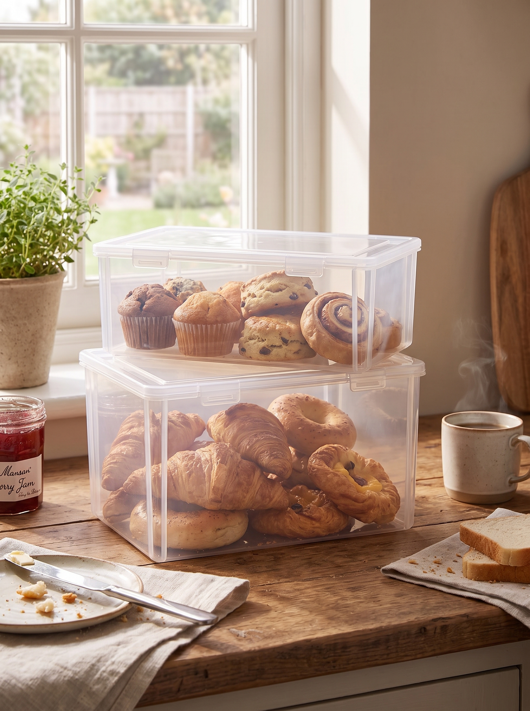 Bread container holding pastries with another stacked on top