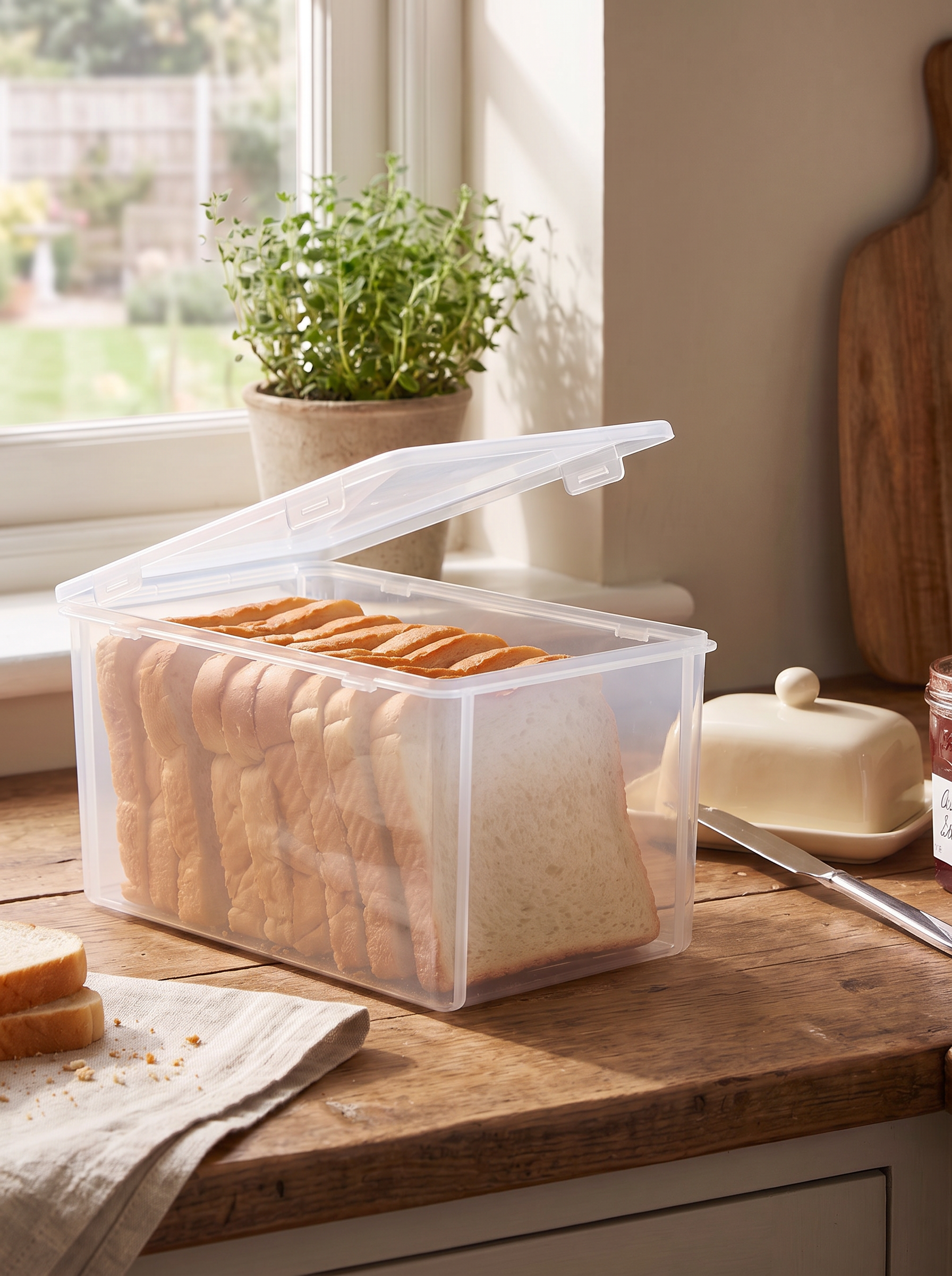 Clear bread container with a fresh loaf visible inside