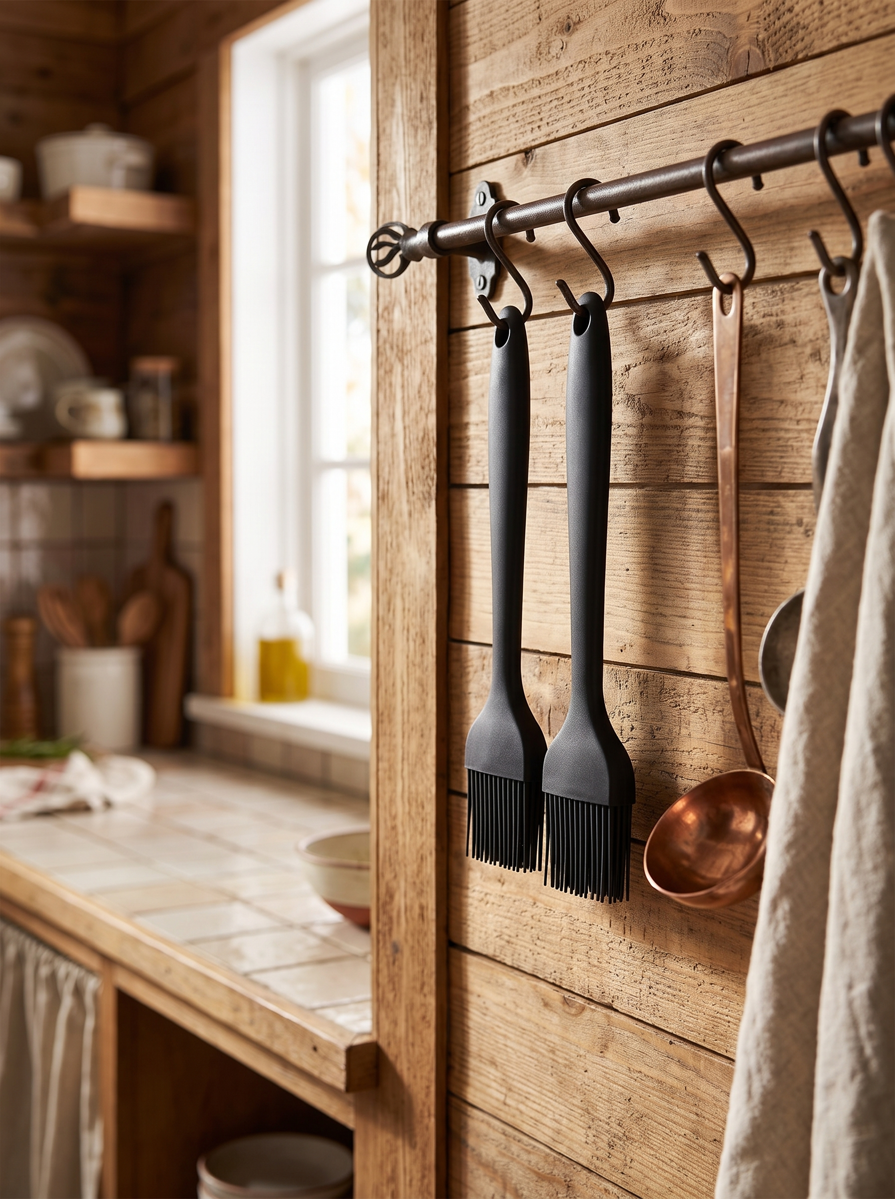 Silicone brushes hanging clean from a kitchen rail