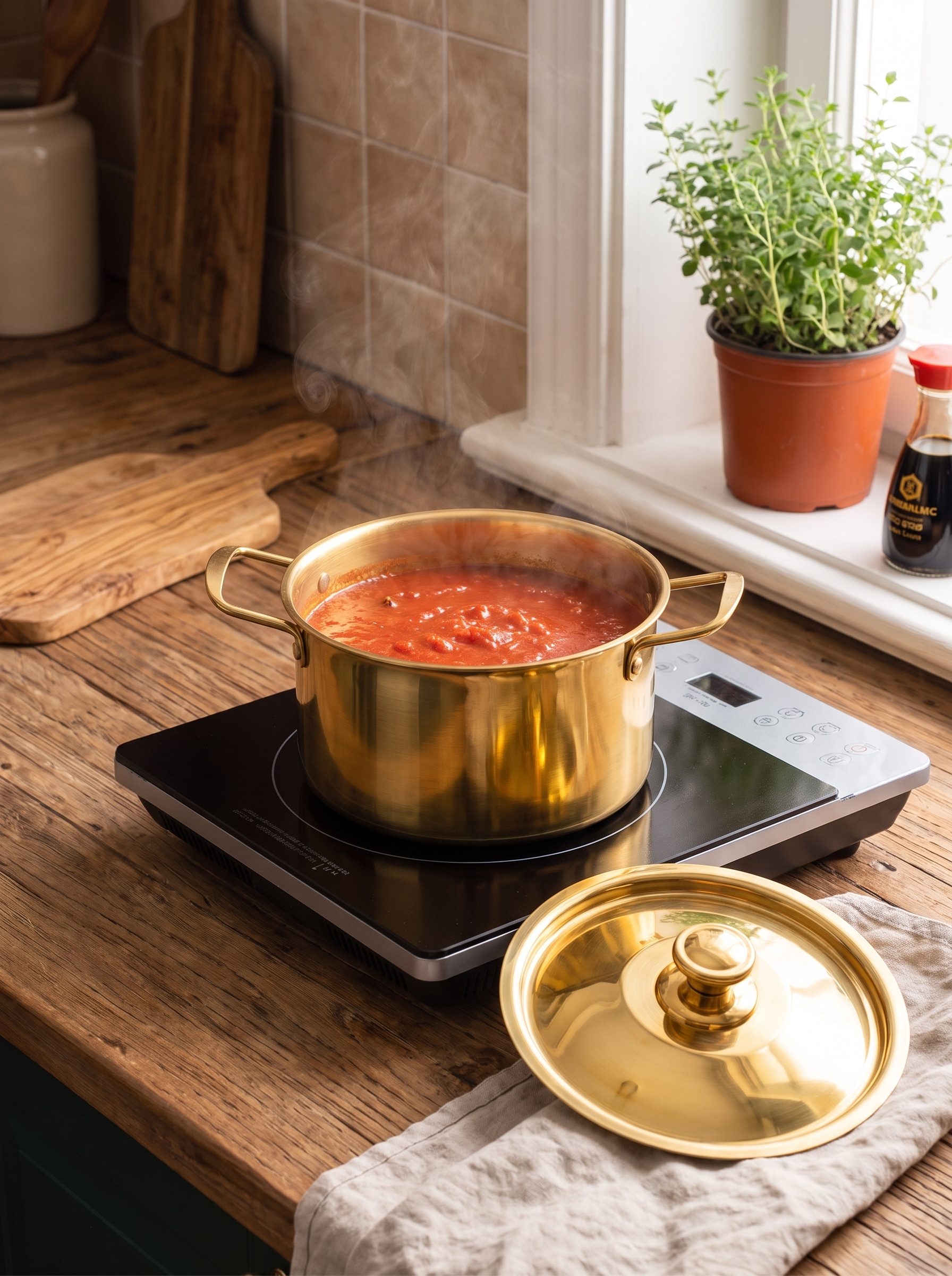 Gold saucepan simmering a sauce on an induction hob