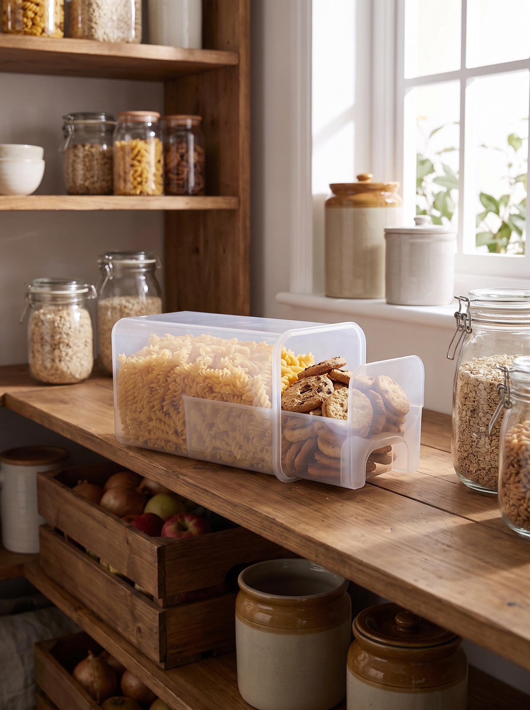 Bread box on a pantry shelf holding pasta and biscuits