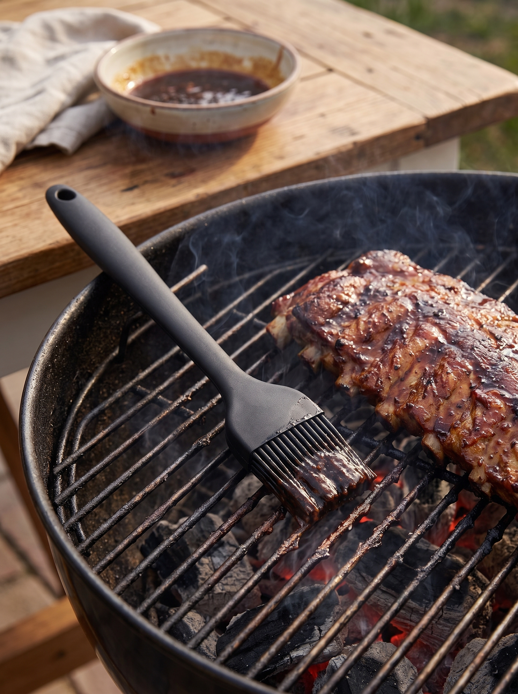 Basting brush at the edge of a hot barbecue grate