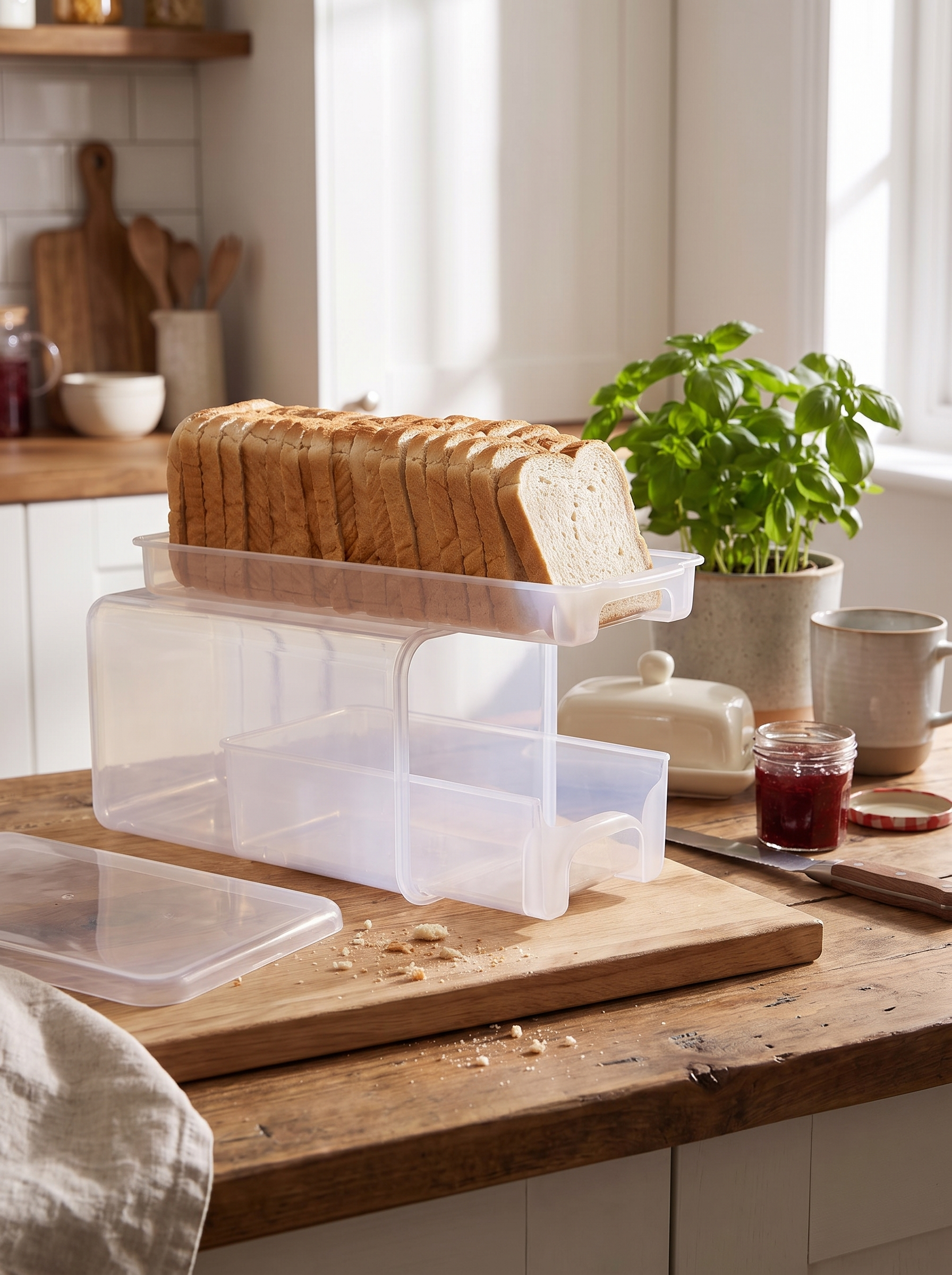 Bread box with a loaf on its raised inner tray