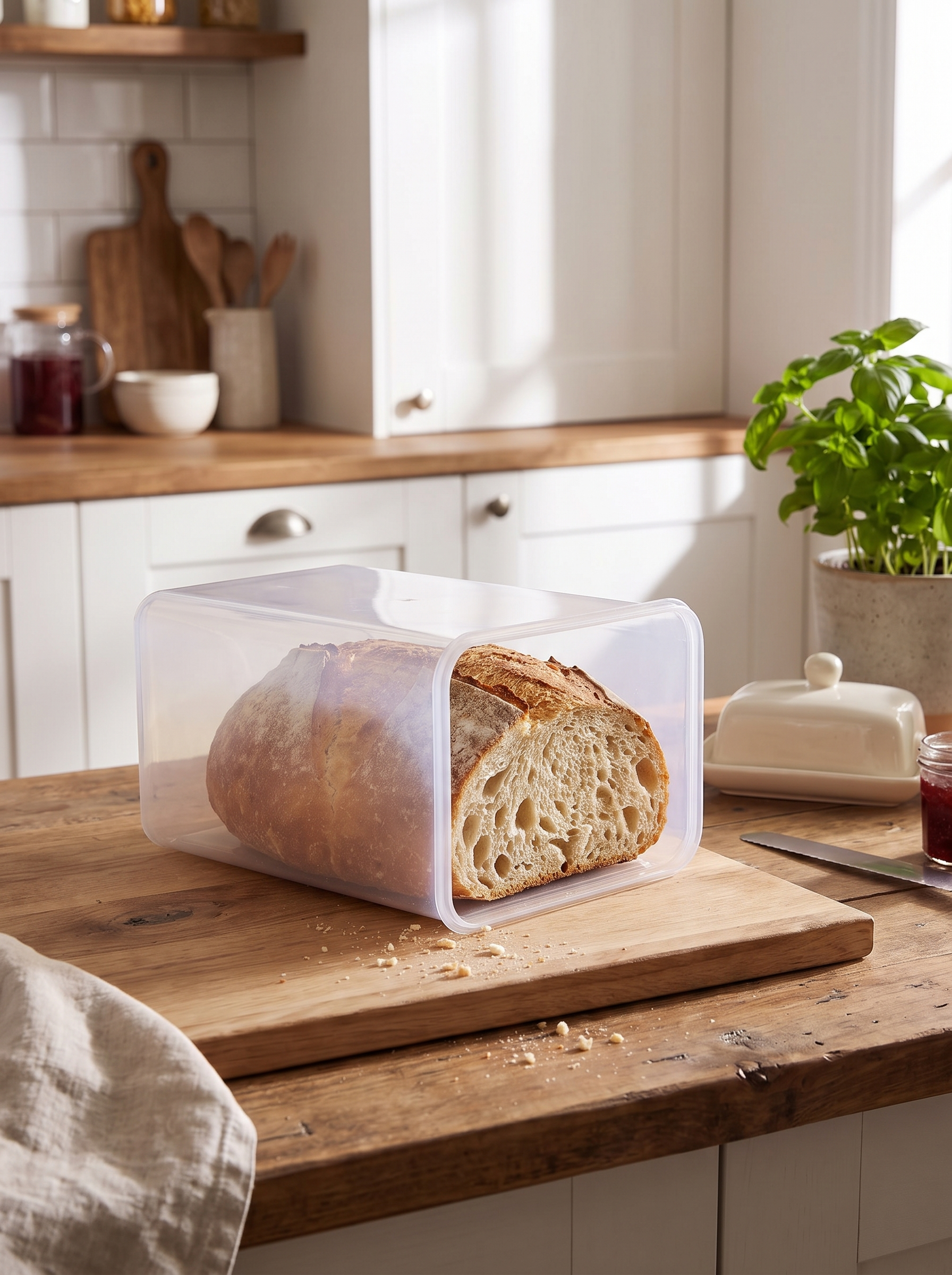 Sealed bread box with a cut sourdough loaf inside