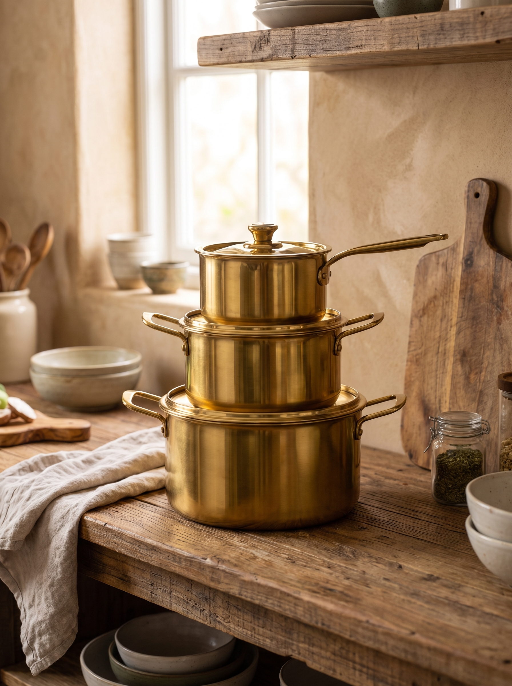 Set of gold pans stacked by size on an open shelf