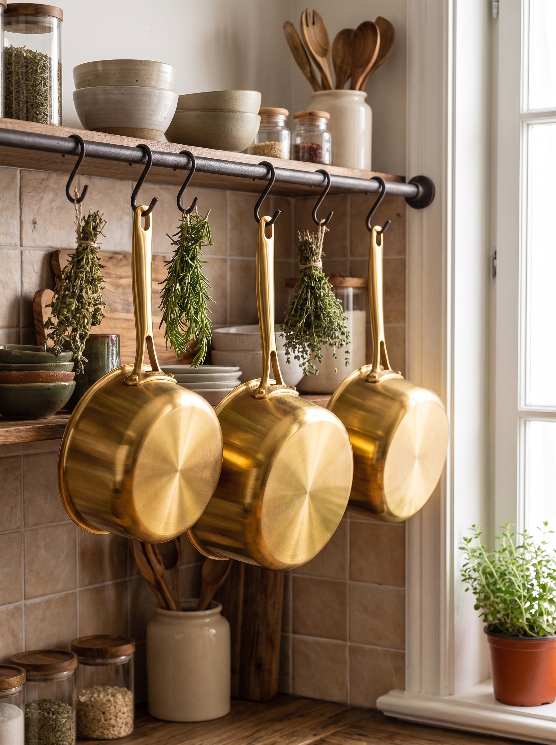 Gold finished saucepans hanging from a kitchen rail