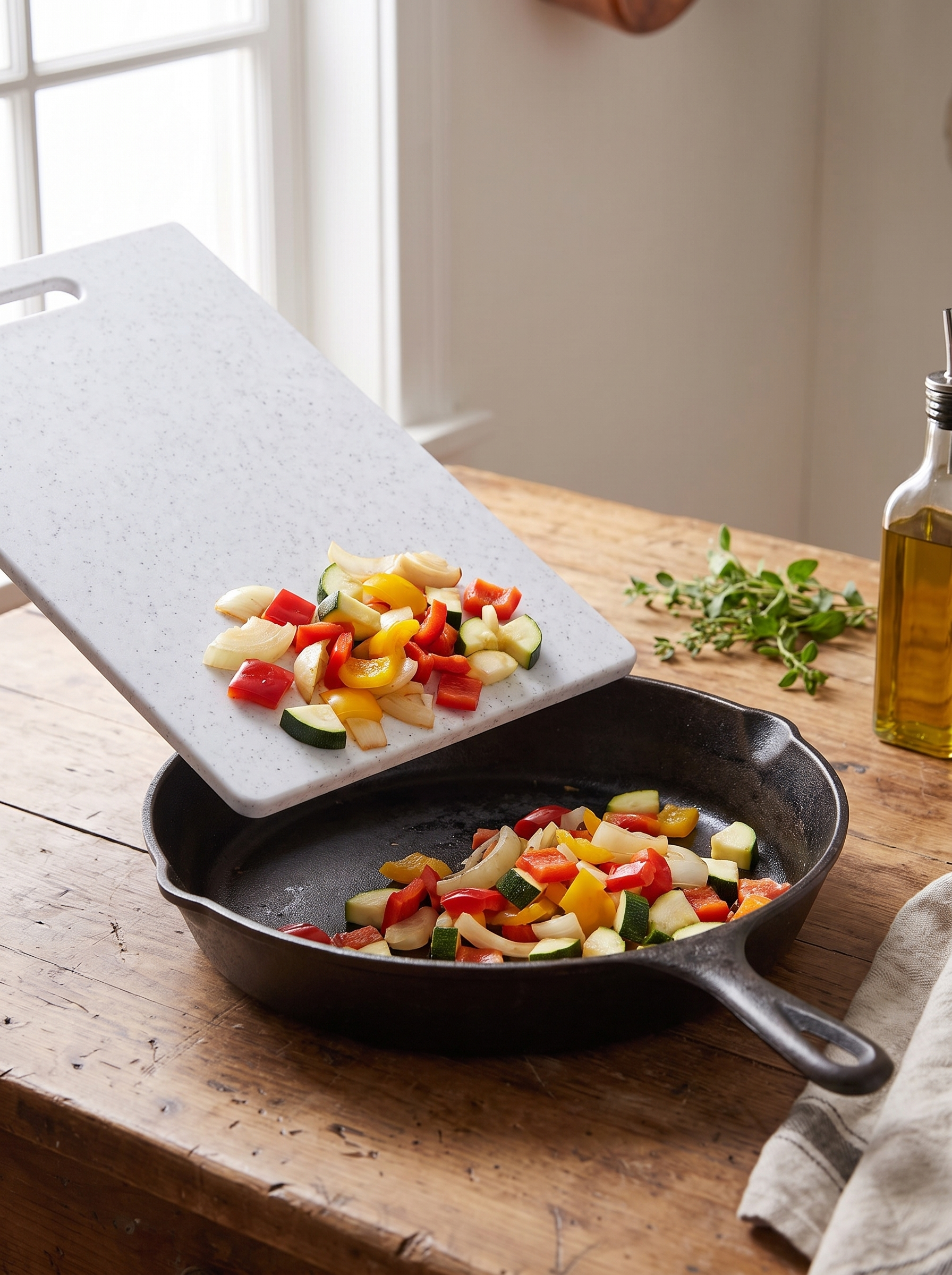 Marble effect board tipping vegetables into a pan
