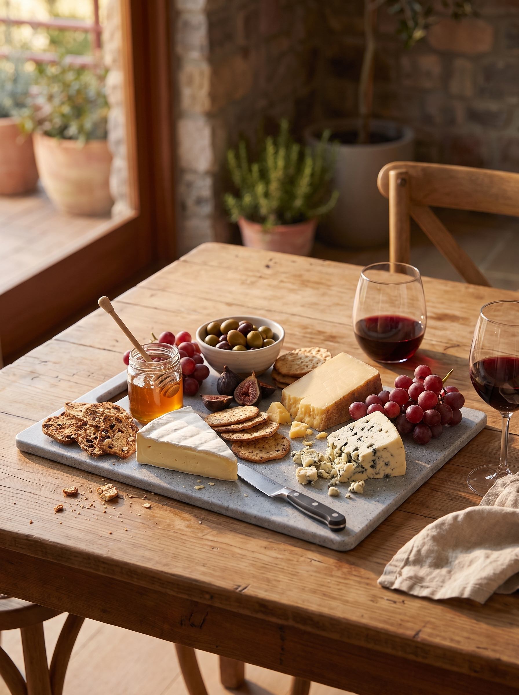 Marble effect board serving cheese and crackers