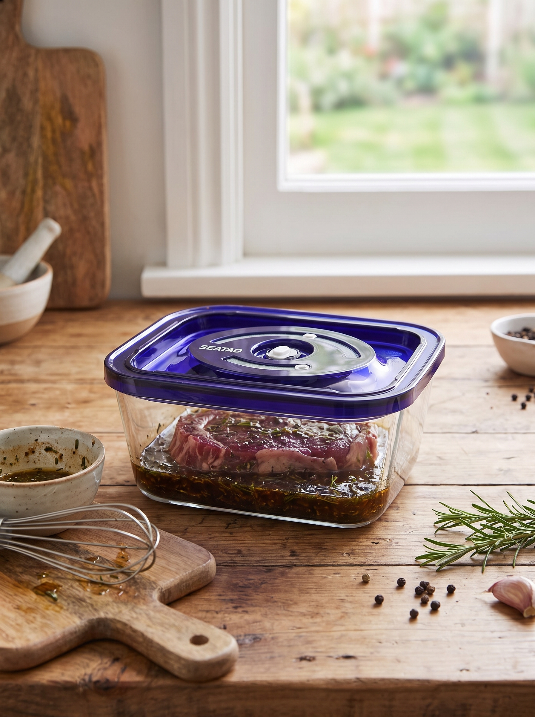 Steak marinating under a sealed vacuum lid