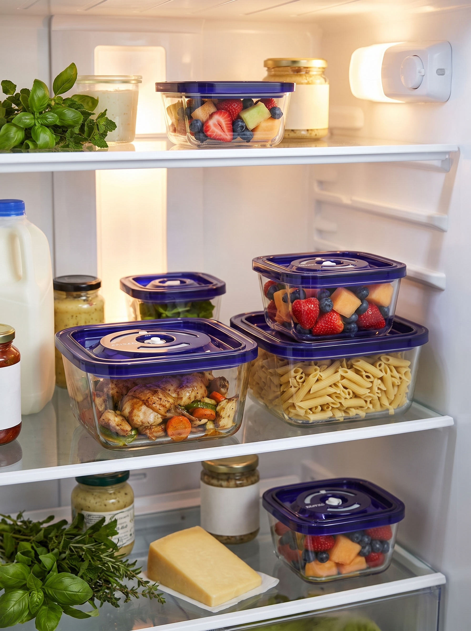 Glass vacuum containers of leftovers on a fridge shelf