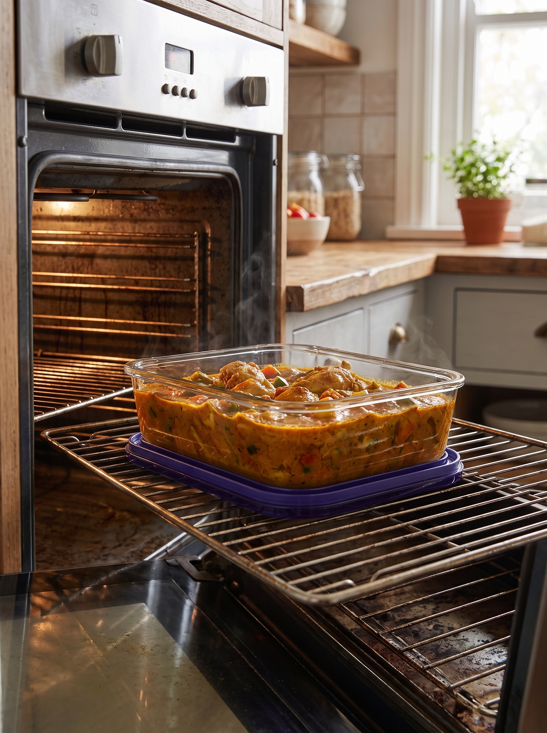 Glass container of curry going into the oven