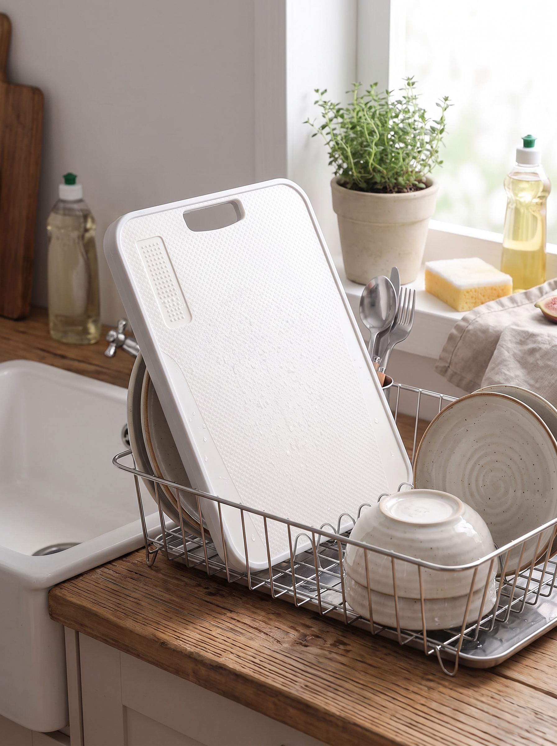 Chopping board standing upright in a drying rack