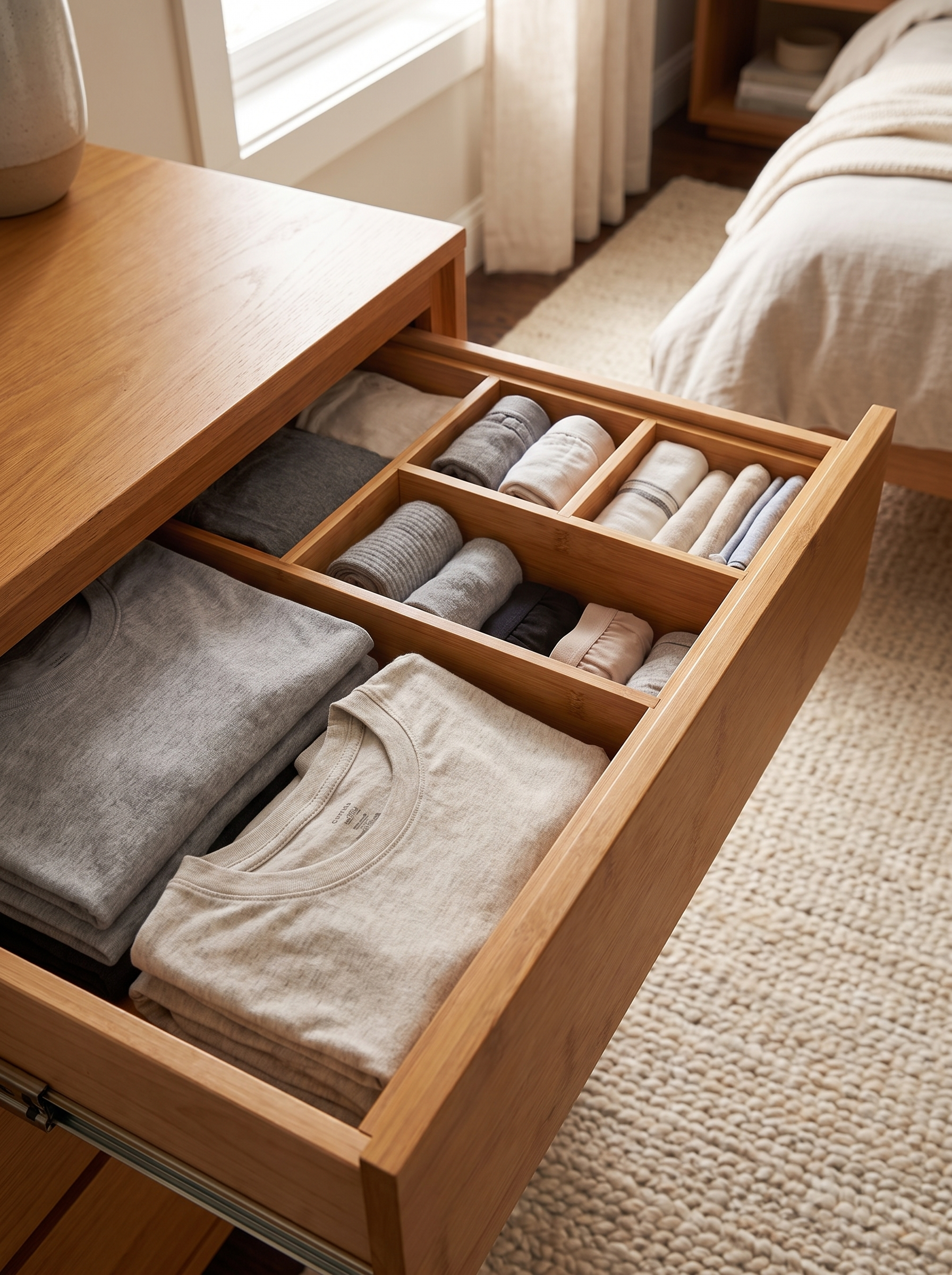 Bamboo dividers organising a dresser drawer