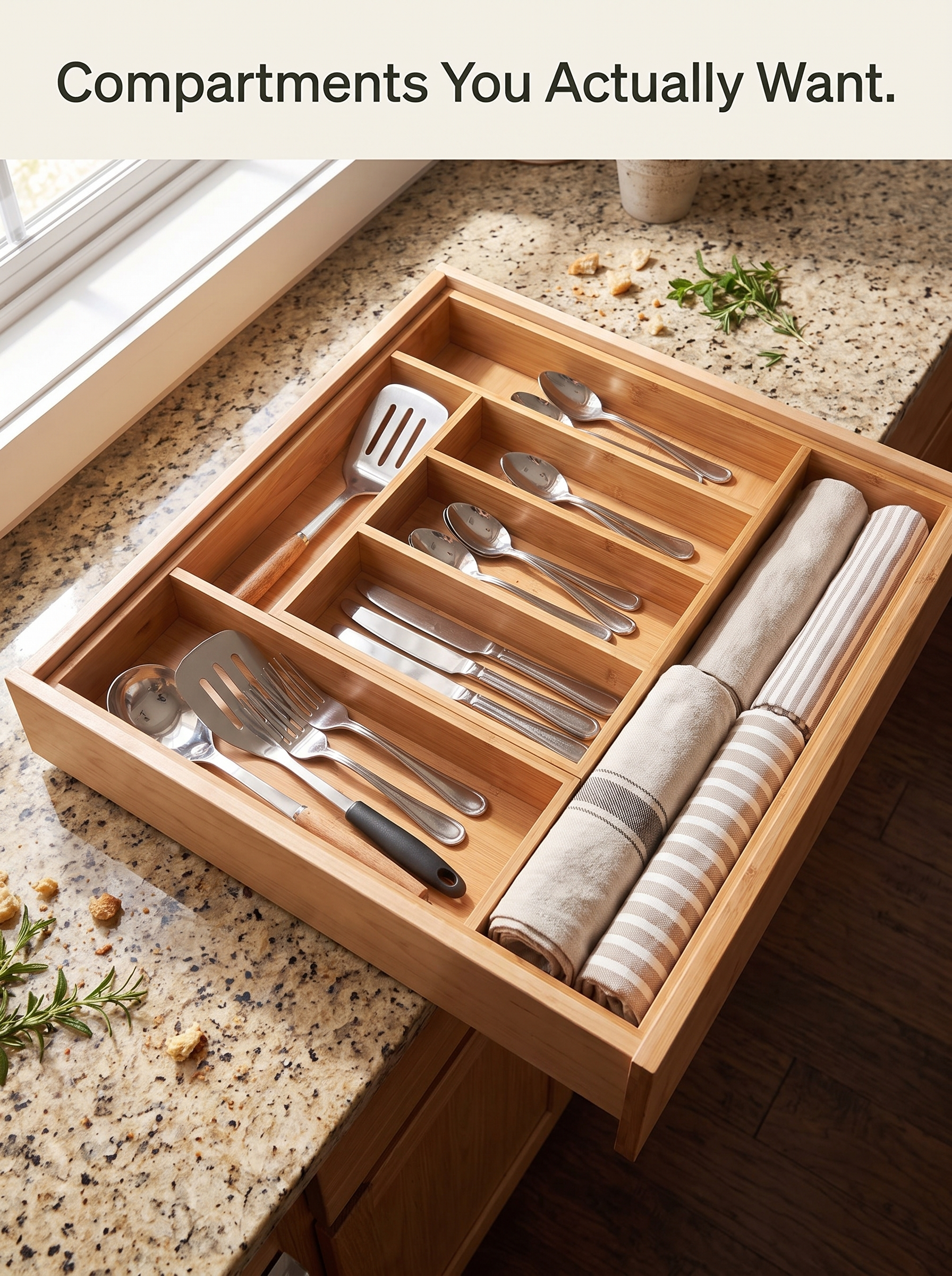 Bamboo dividers separating a kitchen drawer