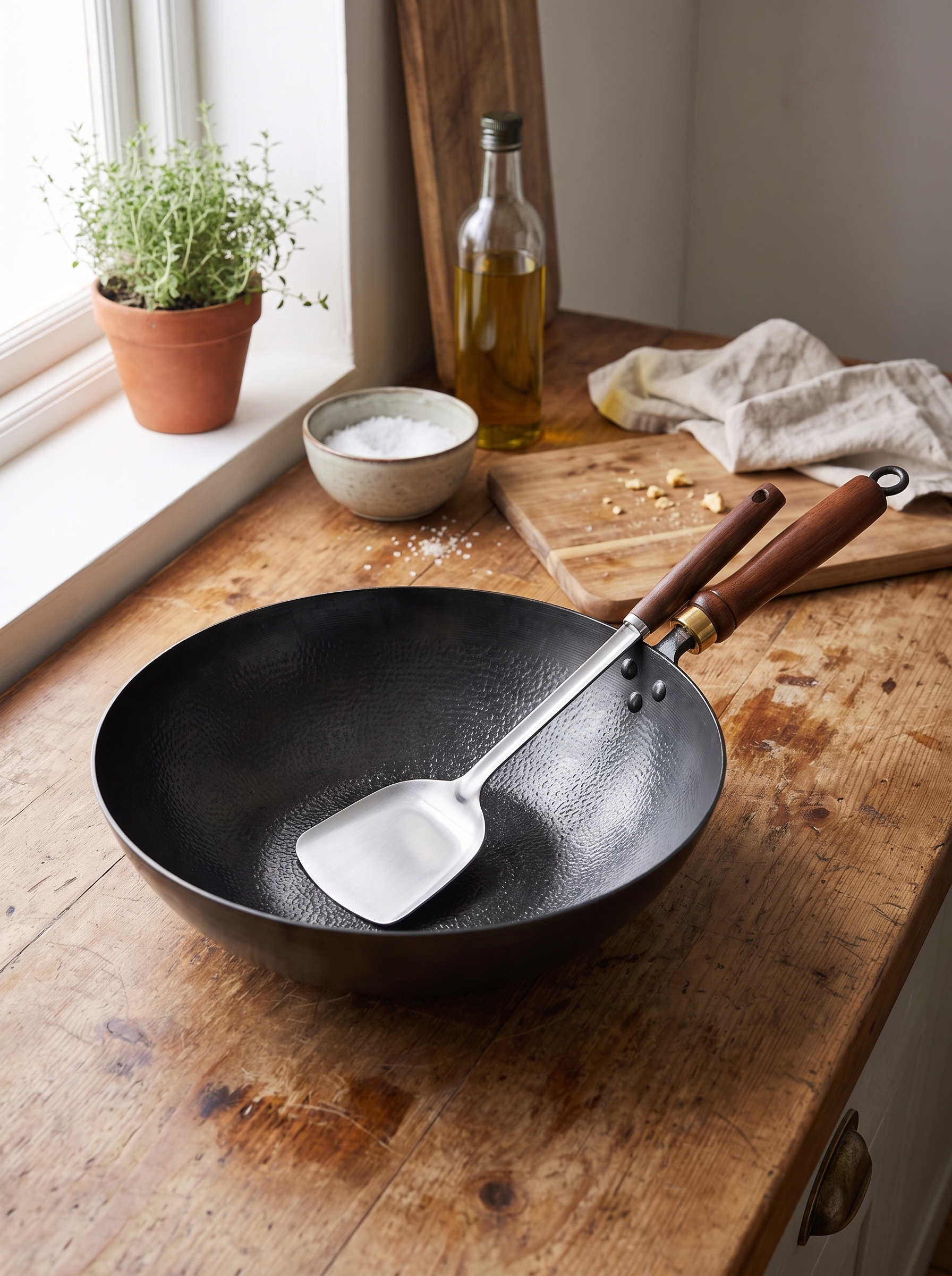 Metal spatula resting in the textured steel wok