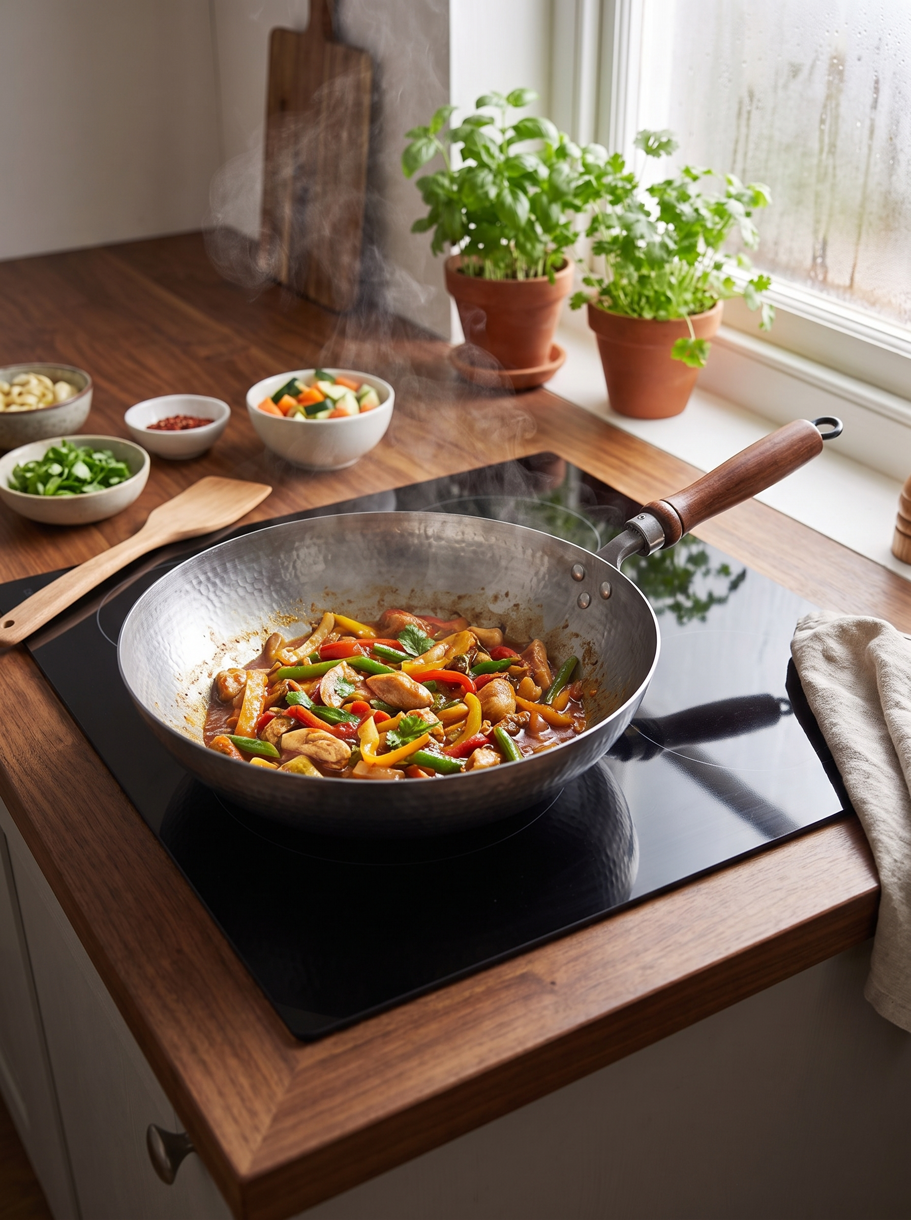 Flat bottomed wok searing a stir fry on an induction hob