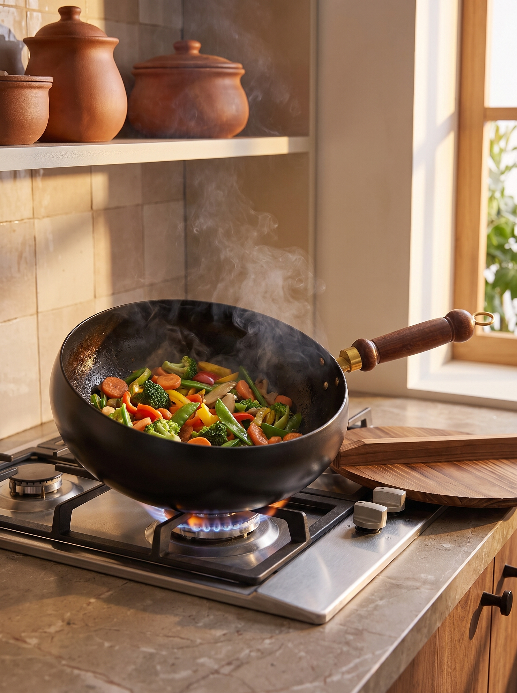 Iron Wok with Wooden Handle heat retention