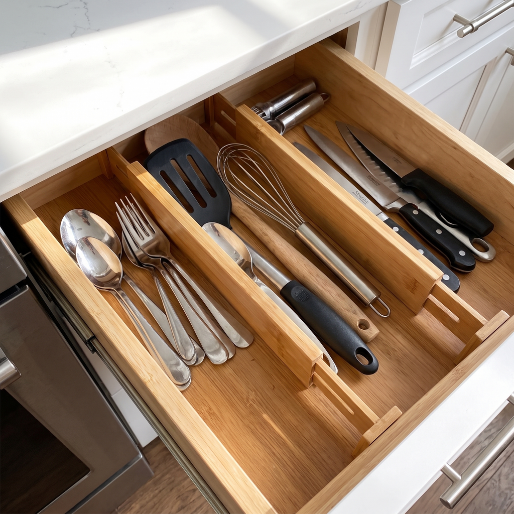 Expandable bamboo drawer dividers partitioning a kitchen drawer