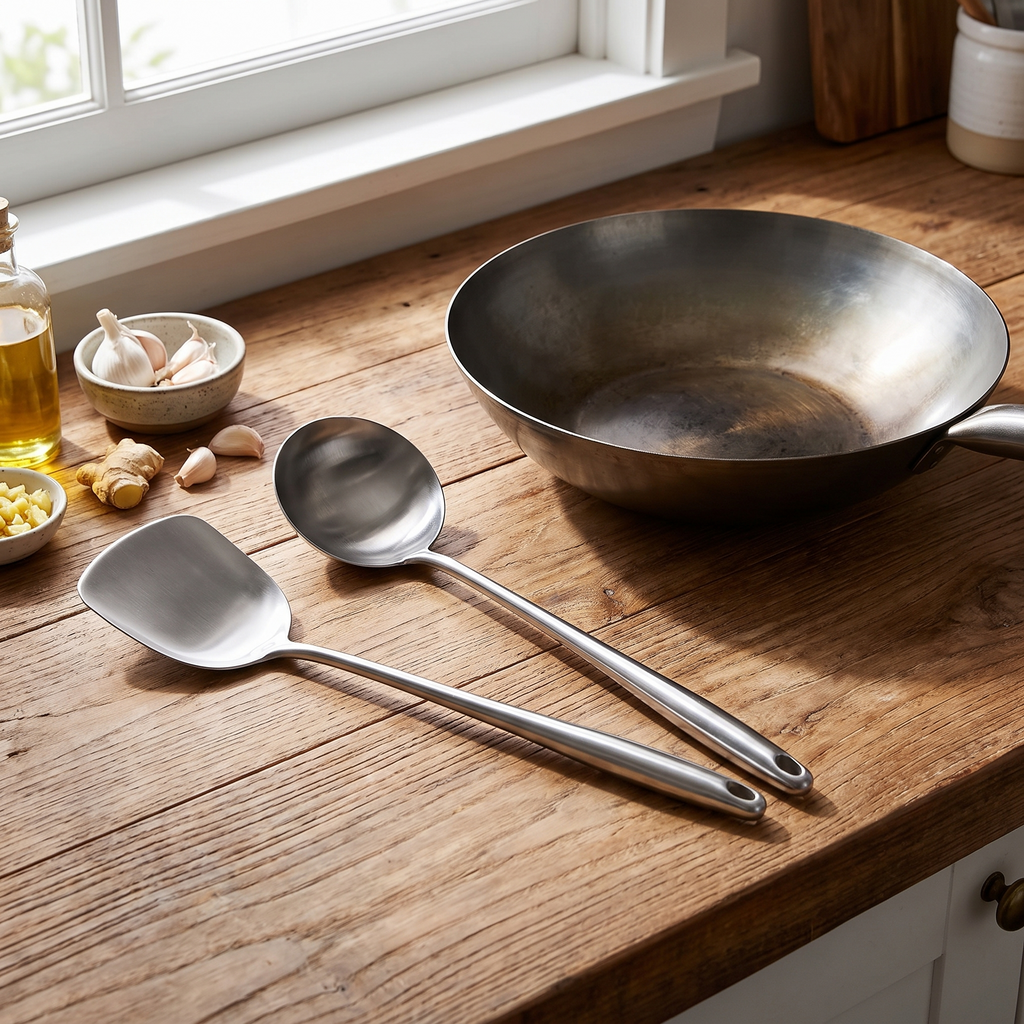 Stainless steel wok spatula and ladle set beside a wok