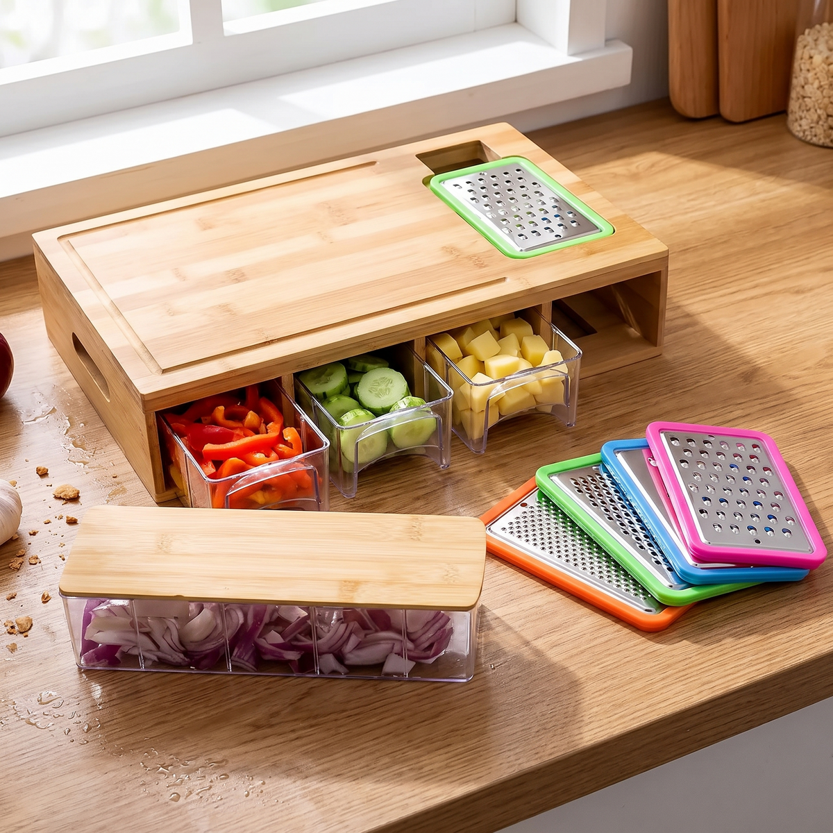 Bamboo cutting board with storage drawers and interchangeable grater plates