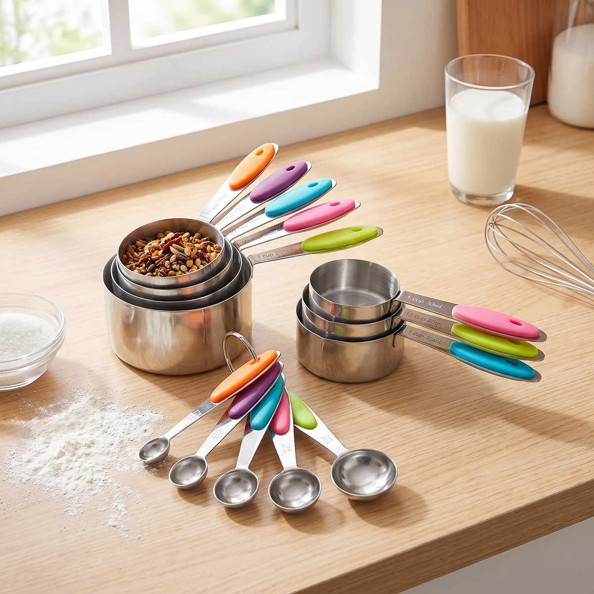 Rainbow handled stainless steel measuring cups and spoons set on a kitchen worktop