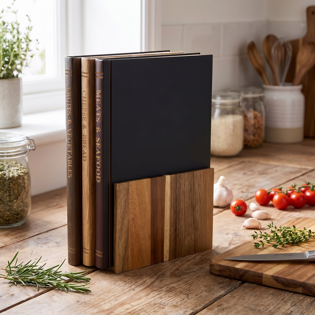 Three book-shaped acacia chopping boards with black covers in a wooden holder
